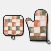 Gingham Terracotta en Groen Ovenwant & Pannenlap Set (Voorkant)