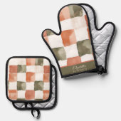 Gingham Terracotta en Groen Ovenwant & Pannenlap Set (Voorkant / Achterkant)