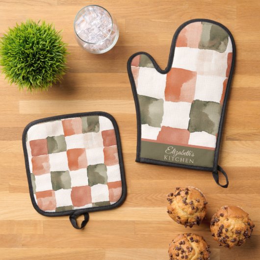 Gingham Terracotta en Groen Ovenwant & Pannenlap Set (Top down)