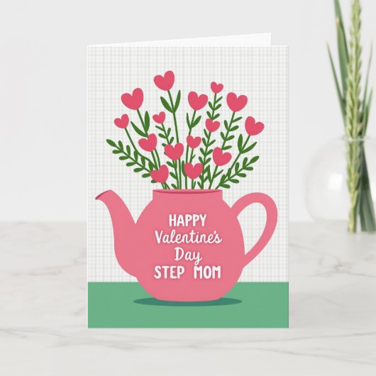 Gingham Theepot Valentijnskaart voor stiefmoeder Kaart (Voorkant)