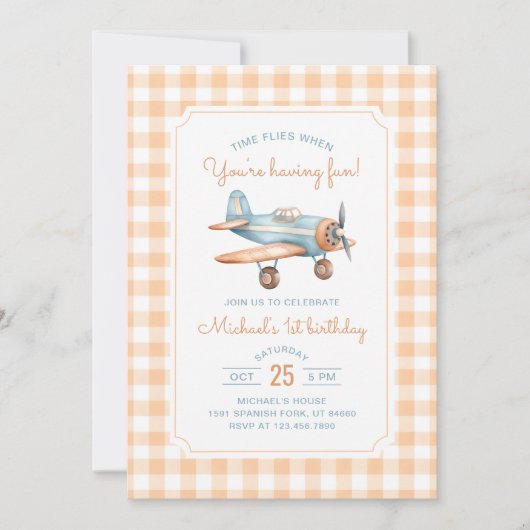 Gingham Time vliegt eerste verjaardag vliegtuig Kaart (Voorkant)