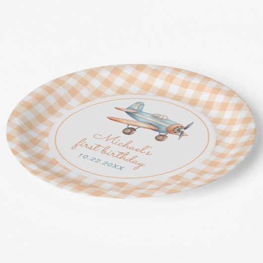 Gingham Time vliegt eerste verjaardag vliegtuig Papieren Bordje (Gekanteld)