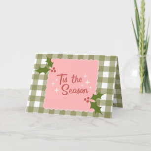 Gingham Tis’ het seizoen kerst Kaart met Holly