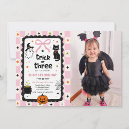 Gingham Trick Or Three Halloween Verjaardag Foto Kaart