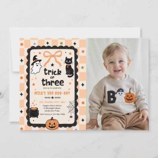 Gingham Trick Or Three Halloween Verjaardag Foto Kaart (Voorkant)