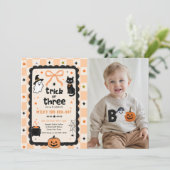 Gingham Trick Or Three Halloween Verjaardag Foto Kaart (Staand voorkant)