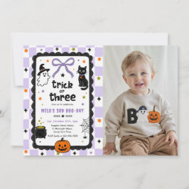 Gingham Trick Or Three Halloween Verjaardag Foto Kaart