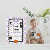 Gingham Trick Or Three Halloween Verjaardag Foto Kaart (Staand voorkant)