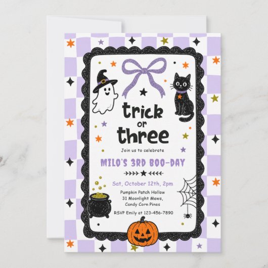 Gingham Trick Or Three Halloween Verjaardagsfeest Kaart (Voorkant)
