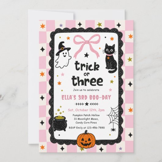 Gingham Trick Or Three Halloween Verjaardagsfeest Kaart (Voorkant)
