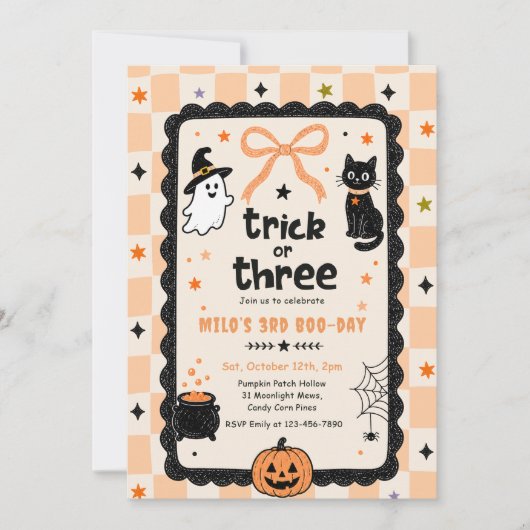 Gingham Trick Or Three Halloween Verjaardagsfeest Kaart (Voorkant)