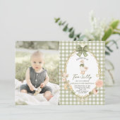 Gingham Twee Domme Gans 2e Verjaardagsfoto Kaart (Staand voorkant)
