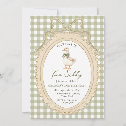 Gingham Two Silly Goose 2nd Birthday Invitation Kaart (Voorkant)