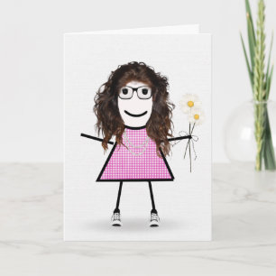 Gingham Verjaardag Stokfiguur Meisje Met Madeliefj Kaart
