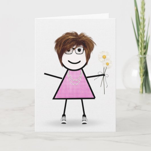 Gingham Verjaardags Stickfiguur Meisje Met Margrie Kaart (Voorkant)