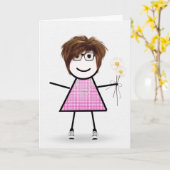 Gingham Verjaardags Stickfiguur Meisje Met Margrie Kaart (Gele Bloem)