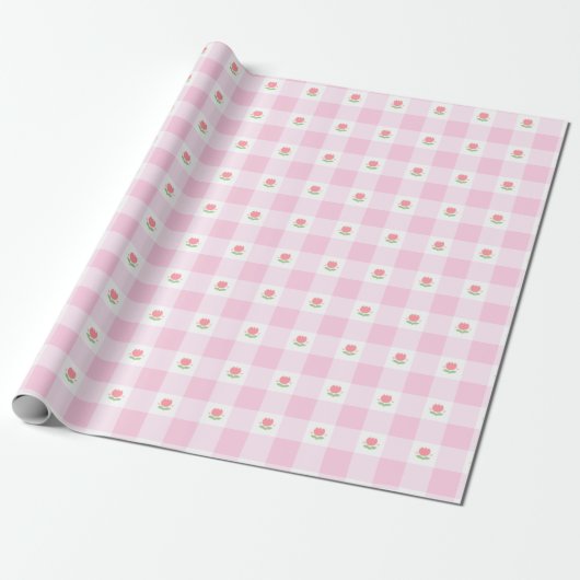 Gingham Verpakkingspapier Pastel Roze met Tulp Cadeaupapier (Uitgerold)