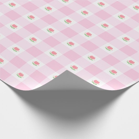 Gingham Verpakkingspapier Pastel Roze met Tulp Cadeaupapier (Hoek)