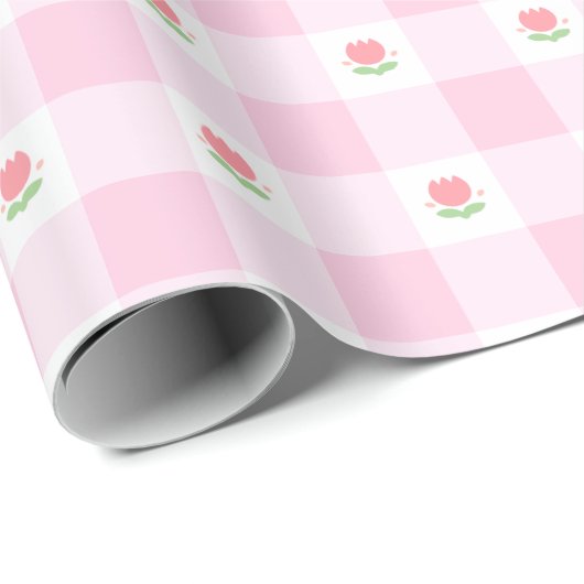 Gingham Verpakkingspapier Pastel Roze met Tulp Cadeaupapier (Rol Hoek)