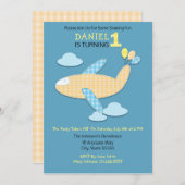 Gingham Vliegtuig en Ballonnen Eerste Verjaardag Kaart (Voorkant / Achterkant)