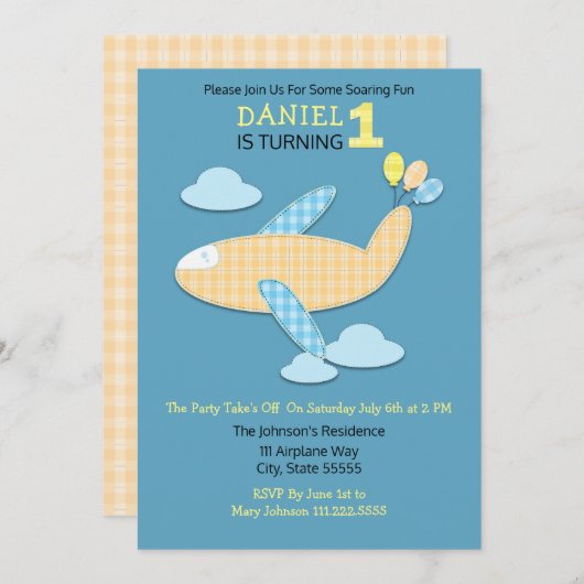 Gingham Vliegtuig en Ballonnen Eerste Verjaardag Kaart (Voorkant / Achterkant)
