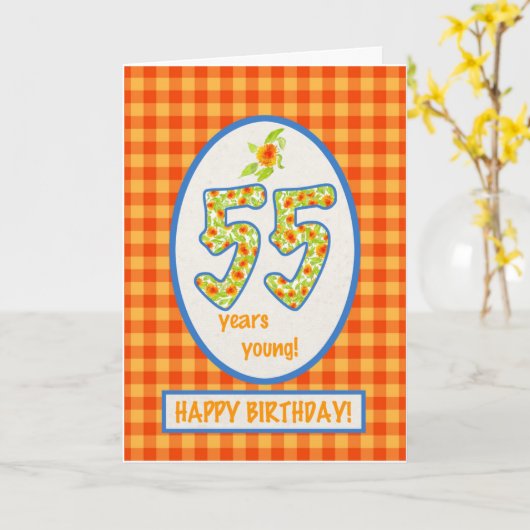 Gingham voor marigolds en Check: 55th Birthday Kaa Kaart (Gele Bloem)