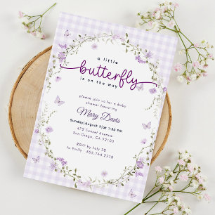 Gingham Watercolor Lavendel Vlinder Baby Shower Kaart