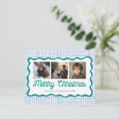 Gingham Wavy Blue Green Christmas Custom 3 Foto Feestdagenkaart (Staand voorkant)