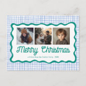 Gingham Wavy Blue Green Christmas Custom 3 Foto Feestdagenkaart (Voorkant)