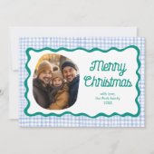 Gingham Wavy Blue Green Christmas Custom 3 Foto Feestdagenkaart (Voorkant)