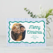 Gingham Wavy Blue Green Christmas Custom 3 Foto Feestdagenkaart (Staand voorkant)