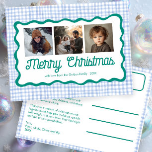 Gingham Wavy Blue Green Christmas Custom 3 Foto Feestdagenkaart