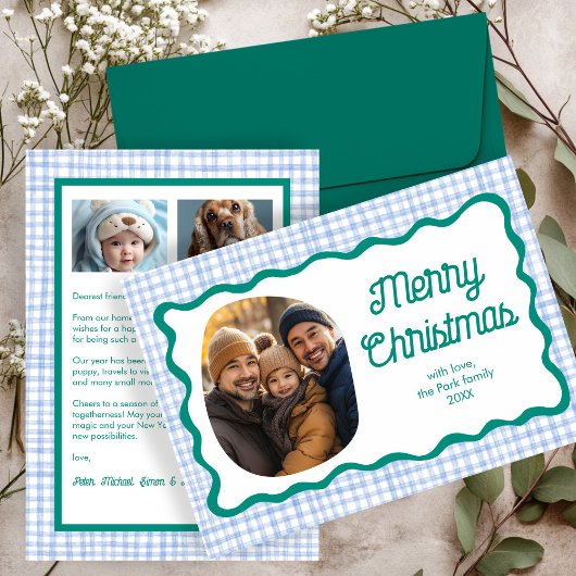 Gingham Wavy Blue Green Christmas Custom 3 Foto Feestdagenkaart