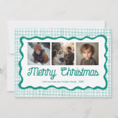 Gingham Wavy Green Christmas Custom 3 Foto Feestdagenkaart (Voorkant)
