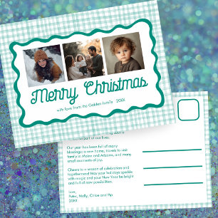 Gingham Wavy Green Christmas Custom 3 Foto Feestdagenkaart