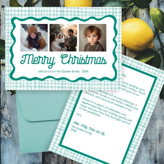 Gingham Wavy Green Christmas Custom 3 Foto Feestdagenkaart