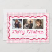 Gingham Wavy Pink Christmas Custom 3 Foto Feestdagenkaart (Voorkant)