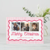 Gingham Wavy Pink Christmas Custom 3 Foto Feestdagenkaart (Staand voorkant)