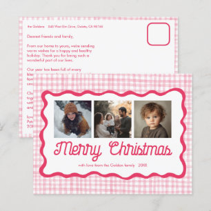 Gingham Wavy Pink Christmas Custom 3 Foto Feestdagenkaart
