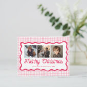 Gingham Wavy Pink Christmas Custom 3 Foto Feestdagenkaart (Staand voorkant)