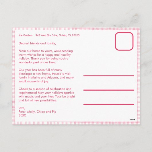 Gingham Wavy Pink Christmas Custom 3 Foto Feestdagenkaart (Achterkant)