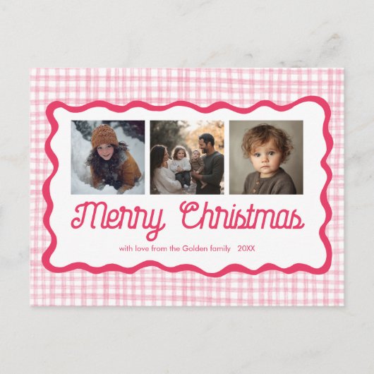 Gingham Wavy Pink Christmas Custom 3 Foto Feestdagenkaart (Voorkant)