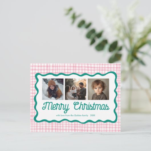 Gingham Wavy Pink Green Christmas Custom 3 Foto Feestdagenkaart (Staand voorkant)