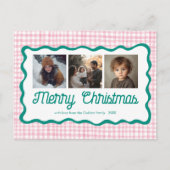 Gingham Wavy Pink Green Christmas Custom 3 Foto Feestdagenkaart (Voorkant)