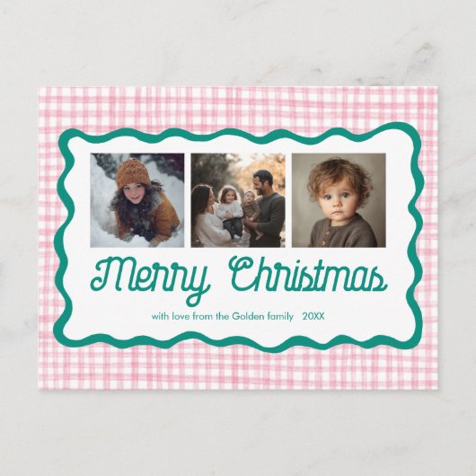 Gingham Wavy Pink Green Christmas Custom 3 Foto Feestdagenkaart (Voorkant)