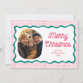 Gingham Wavy Pink Green Christmas Custom 3 Foto Feestdagenkaart (Voorkant)