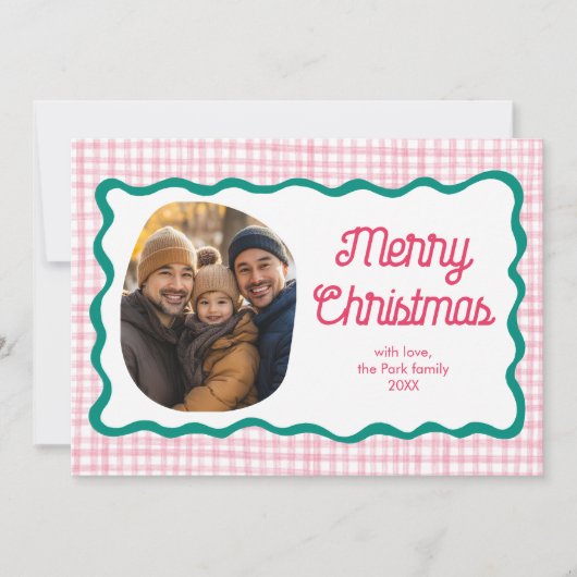 Gingham Wavy Pink Green Christmas Custom 3 Foto Feestdagenkaart (Voorkant)