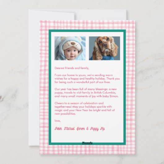 Gingham Wavy Pink Green Christmas Custom 3 Foto Feestdagenkaart (Achterkant)