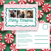 Gingham Wavy Pink Green Christmas Custom 3 Foto Feestdagenkaart