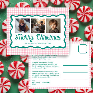 Gingham Wavy Pink Green Christmas Custom 3 Foto Feestdagenkaart